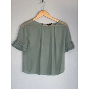 Y2K Moda International Sheer Short Sleeve Silk Top XS Ruffle Sage Green Career